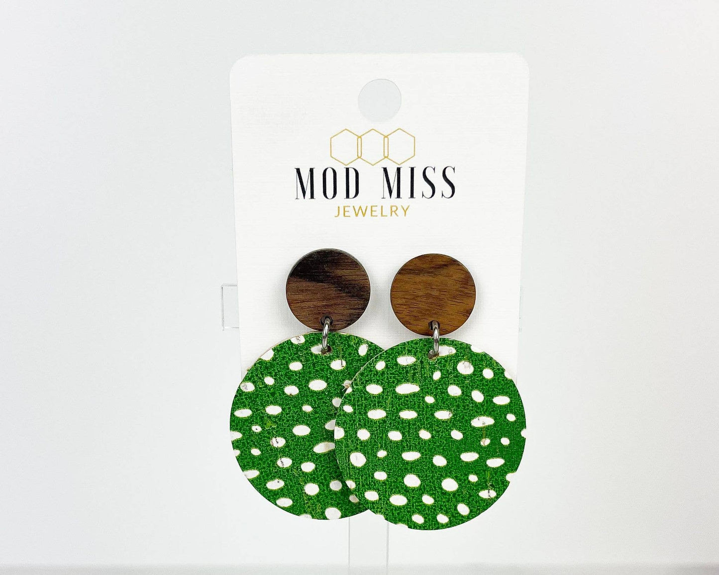 Cork+Leather Round Earring "Green & White Specs": Wood Stud